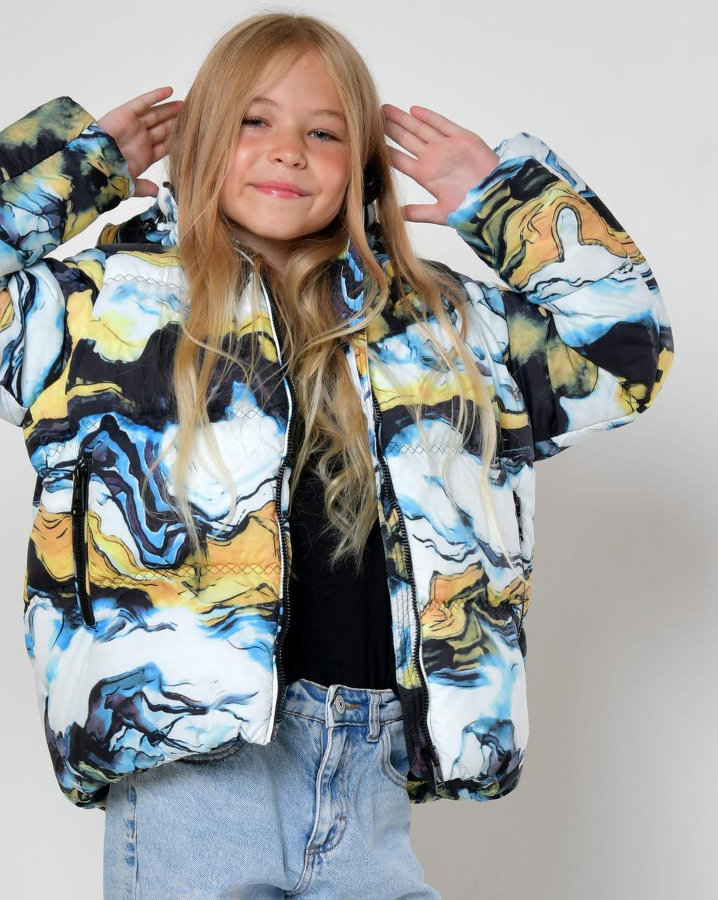 Пуховик для дівчинки зимова куртка з капюшоном матова плащовка  принтована DT-8367-11, фото 1