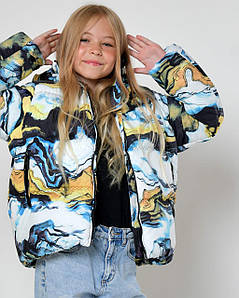 Пуховик для дівчинки зимова куртка з капюшоном матова плащовка  принтована DT-8367-11