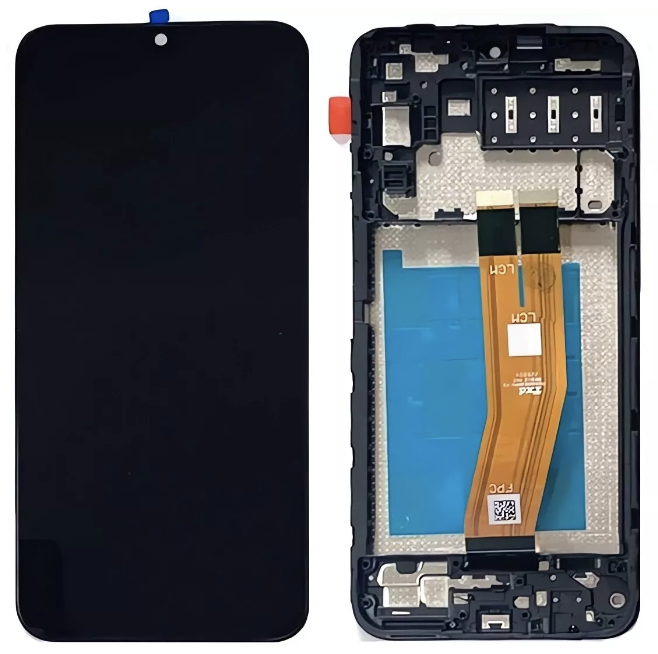 Дисплей (екран) для Samsung A145 Galaxy A14 4G, чорний, жовтий шлейф, з передньою панеллю