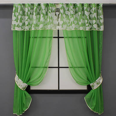 Кухонні штори (290х170см.) з ламбрекеном, на карниз 1-1,5м. Колір зелений з білим. Код 084к 52-0965