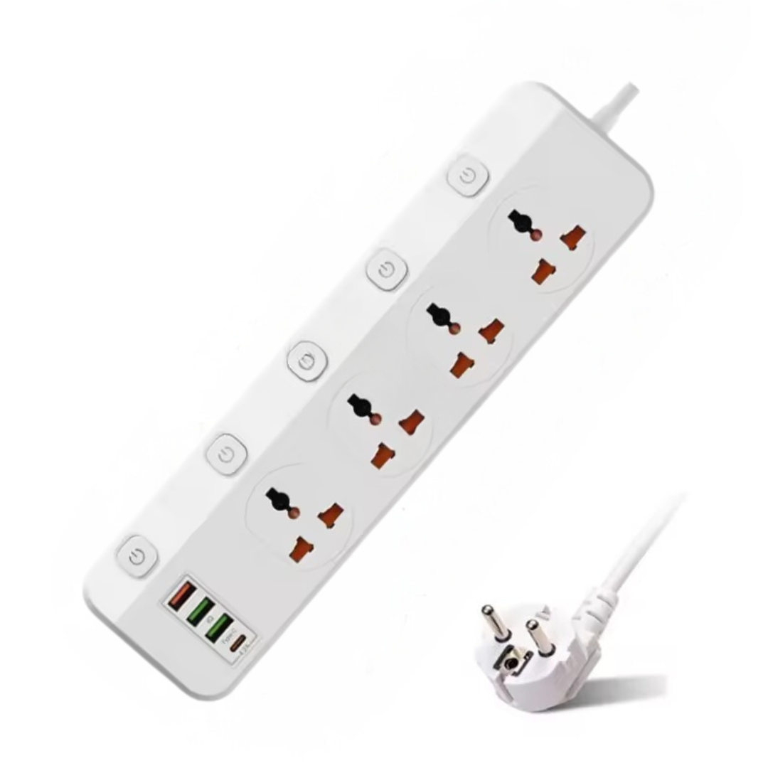 Мережевий фільтр BKL-456 на 4 розетки 1 PD20W+ 1 QC3.0+ 3 USB, 100-250V, 10А, білий