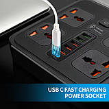Мережевий фільтр BKL-666 на 4 розетки 1 PD20W + 1 QC3.0 + 5 USB, 100-250V, 10А, чорний, фото 3