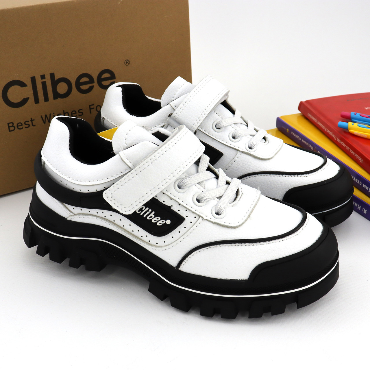 Кросівки дитячі білі з чорним на липучці Clibee white-black