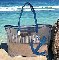 Сумка пляжна жіноча шопер синтетика сітка прозора на блискавці 0366 сіра із синім