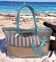 Сумка пляжна жіноча шопер синтетика сітка прозора на блискавці 0366 сіра з бірюзою