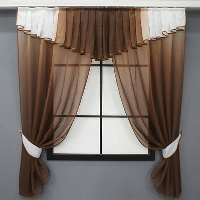 Кухонні штори (150х175см.) з ламбрекеном, на карниз 1,5м. Колір венге з білим. Код 084к 52-0970