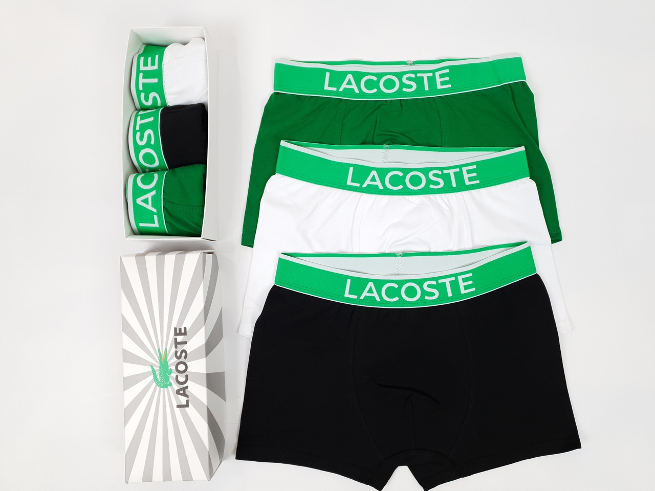 Боксери чоловічі 3шт Lacoste. Білизна спідня комплект трусів Лакосте. Чоловічі боксери бренд у коробці 3шт