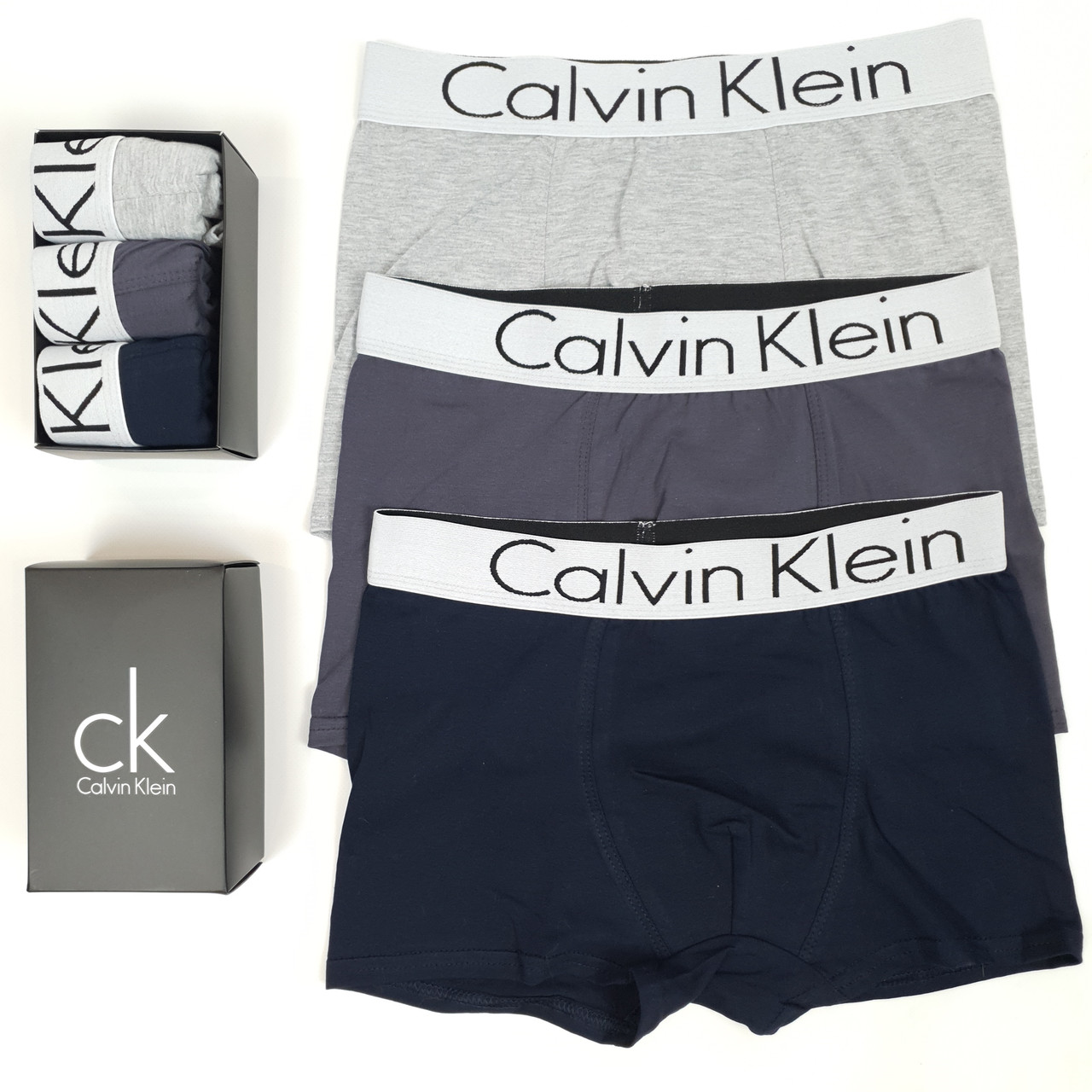 Комплекти чоловічої білизни 3шт Calvin Klein. Чоловічі труси-боксери Кельвін Кляйн. Набір нижньої білизни в коробці, фото 1
