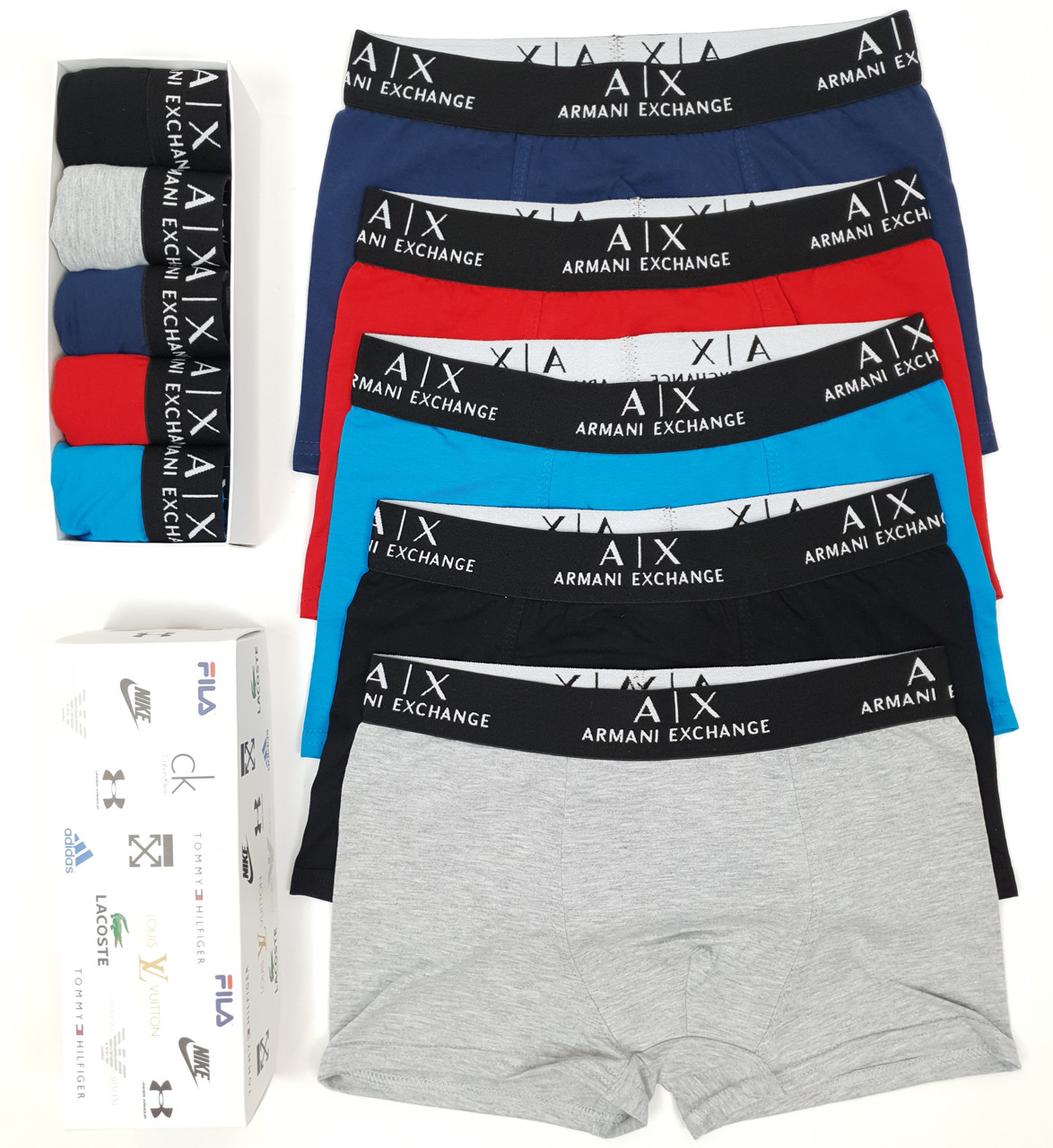 Труси чоловічі та підліткові 5шт Armani Exchange. Спідня білизна чоловіча боксери набір в коробці Армані Ексчендж, фото 1