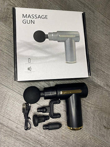 Портативний перкусійний міні масажер 6 швидкостей 4 насадки, Massage Gun для тіла, фото 1