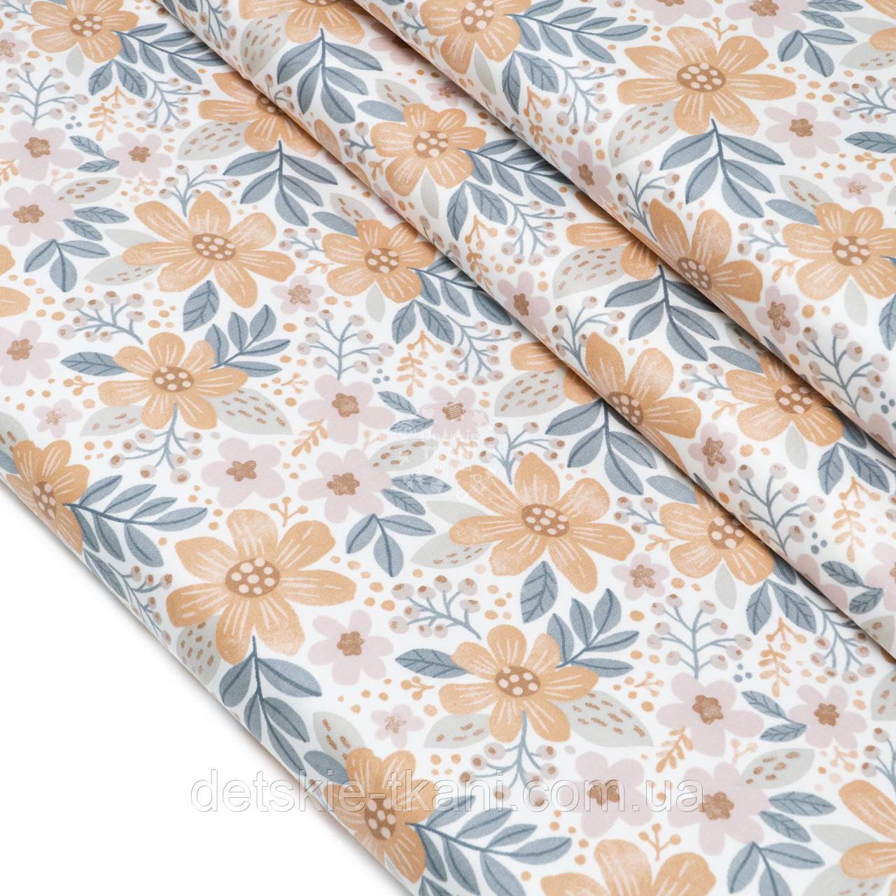 Сатин із коричневими квітами, шавлієвим листям і бубочками на білому тлі, №5214с, фото 1