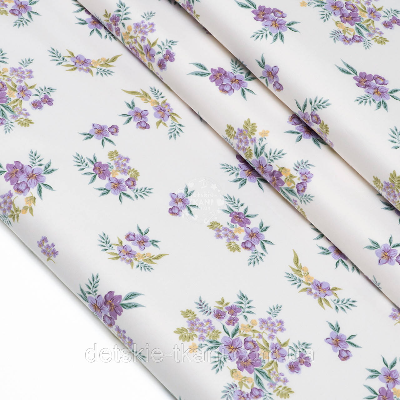 Сатин "Маленький бузковий клематис і гостре листя на молочному тлі", №5228с, фото 1