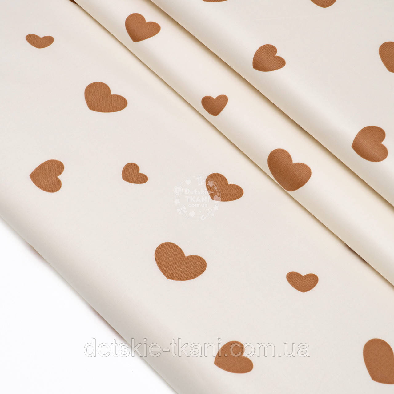Сатин ШИРИНОЮ 80 СМ з коричневими великими серцями на молочному тлі, №5235/80, фото 1