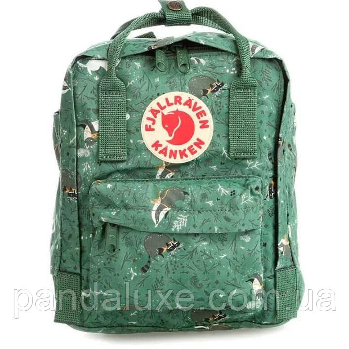 Рюкзак маленький канкен Fjallraven Kanken Mini 7л зелений з єнотами, фото 1