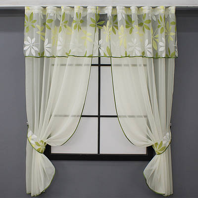 Кухонні штори (300х170см.) з ламбрекеном, на карниз 1-1,5м. Колір молочний з салатовим. Код 084к 52-0971
