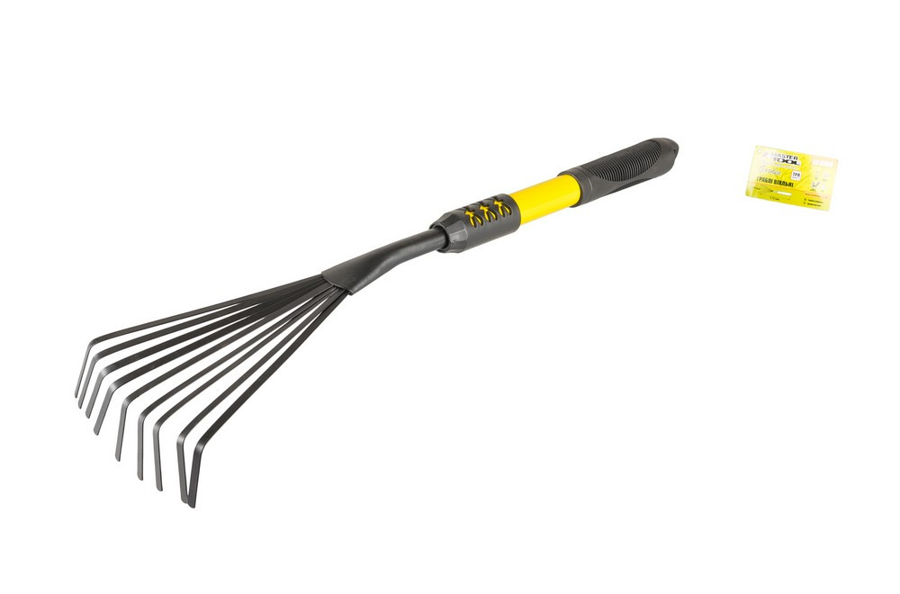 Граблі віялові MASTERTOOL 9 зубів з подовженою металевою ручкою та гумовим покриттям 510х160 мм 14-6168