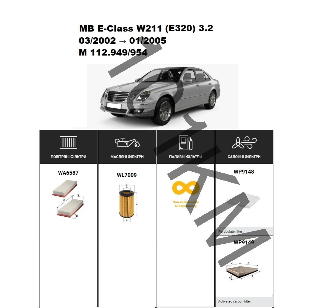 Комплект фільтрів MB E-Class (W211) E320 3.2 (2002-2005) (M112.949/954) WIX, фото 1