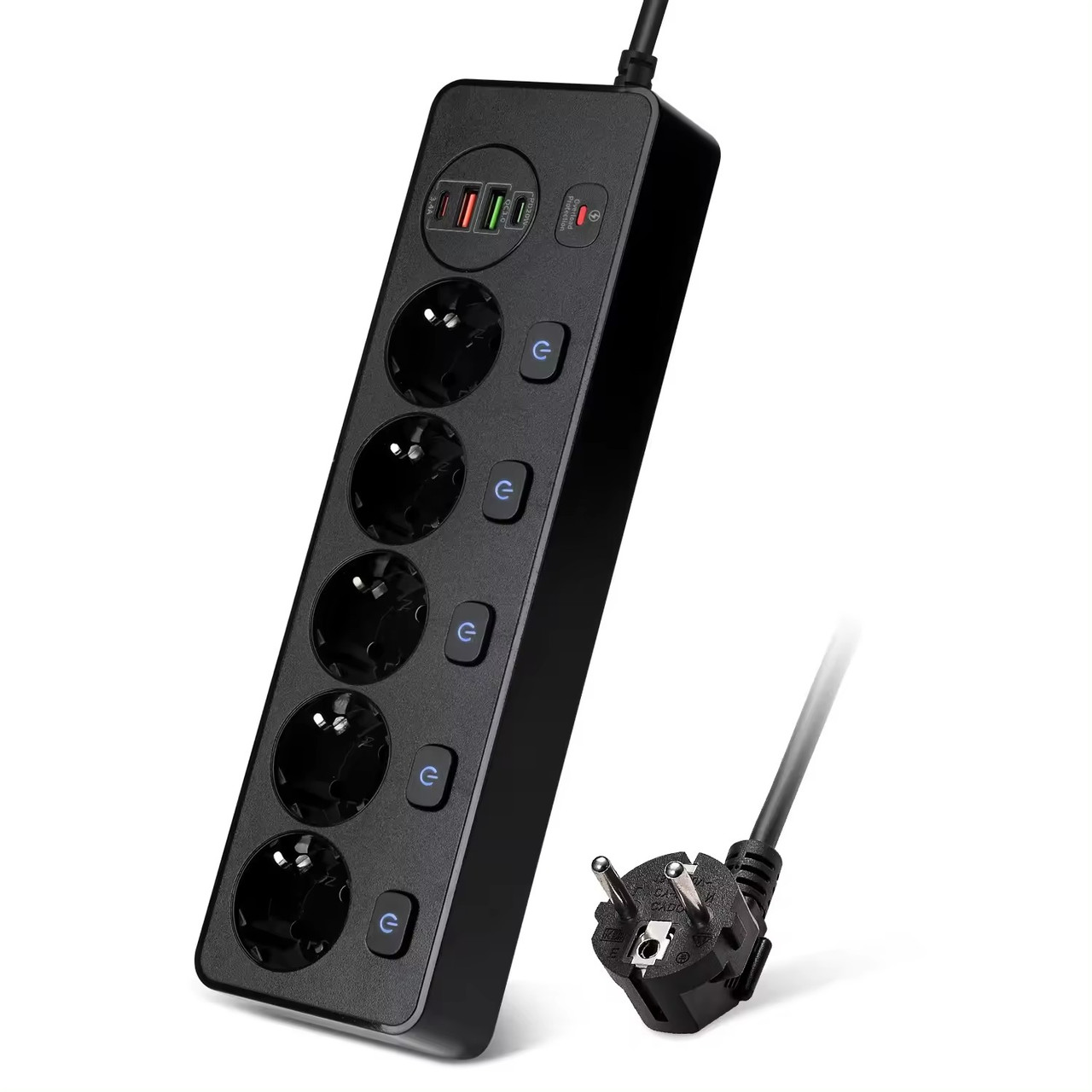 Мережевий фільтр BKL-505 на 5 розеток 1 PD20W + 1 QC3.0 1 Type-C + 1 USB, 100-250V, 13А, чорний