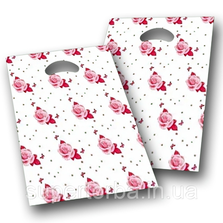 Пакети з вирубною ручкою поліетиленові розмір 25х35 "Трояндочки" Комсерв 100 штук, фото 1