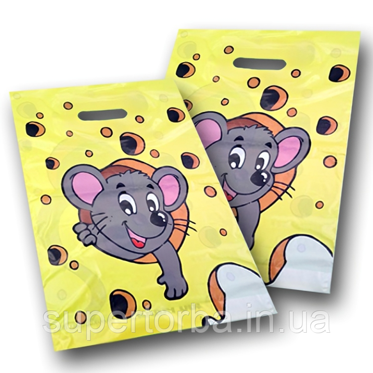 Пакети з вирубною ручкою поліетиленові розмір 30х37 "Мишка в сирі" 50 шт/уп., фото 1