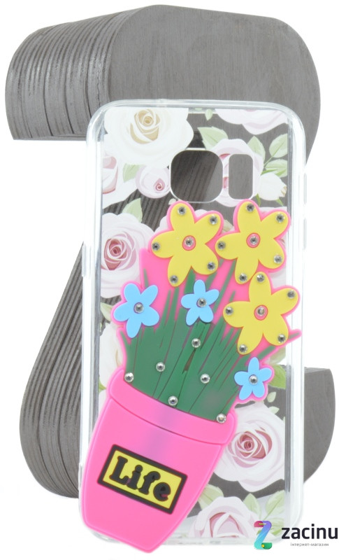Чохол-накладка TPU для Samsung G930F S7 Flowers diamonds ser. Квіти(Life) Прозорий/рожевий