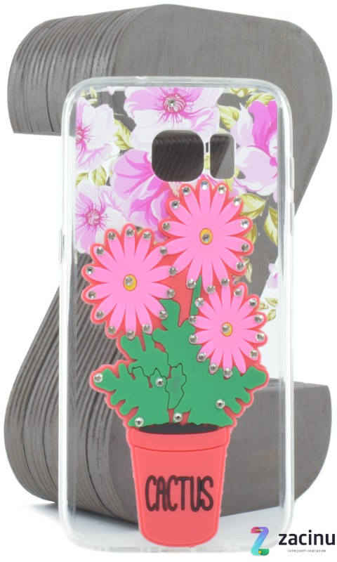 Чохол-накладка TPU для Samsung G935F S7 Edge Flowers diamonds ser. Квіти(Cactus) Прозорий/червоний