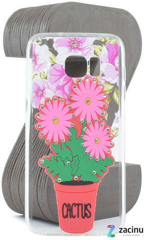 Чохол-накладка TPU для Samsung G935F S7 Edge Flowers diamonds ser. Квіти(Cactus) Прозорий/червоний, фото 1