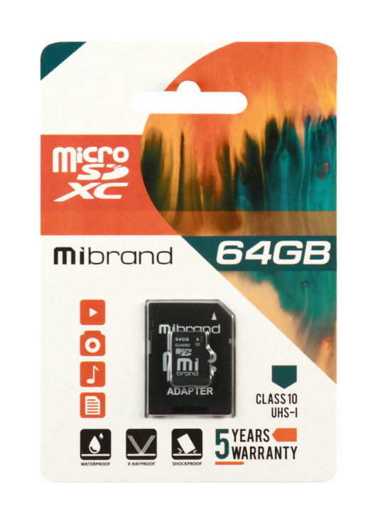 Карта пам'яті microSDXC (UHS-1) Mibrand 64 Гб class 10 + адаптер (MICDXU1/64GB-A)