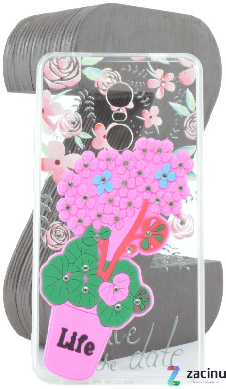 Чохол-накладка TPU для Xiaomi Redmi Note 4X Flowers diamonds ser. Квіти(Life) Прозорий/рожевий
