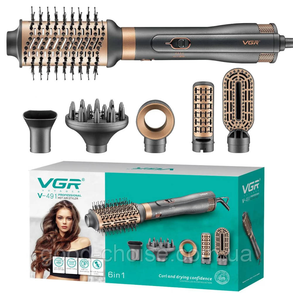 Фен-щітка для волосся 6в1, 1000Вт + 6 насадок, VGR V-491 / Стайлер для волосся / Фен гребінець для укладання волосся, фото 1