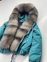 Жіночий зимовий бомбер, куртка бірюзова з натуральним хутром блюфрост, 42-60 розміри