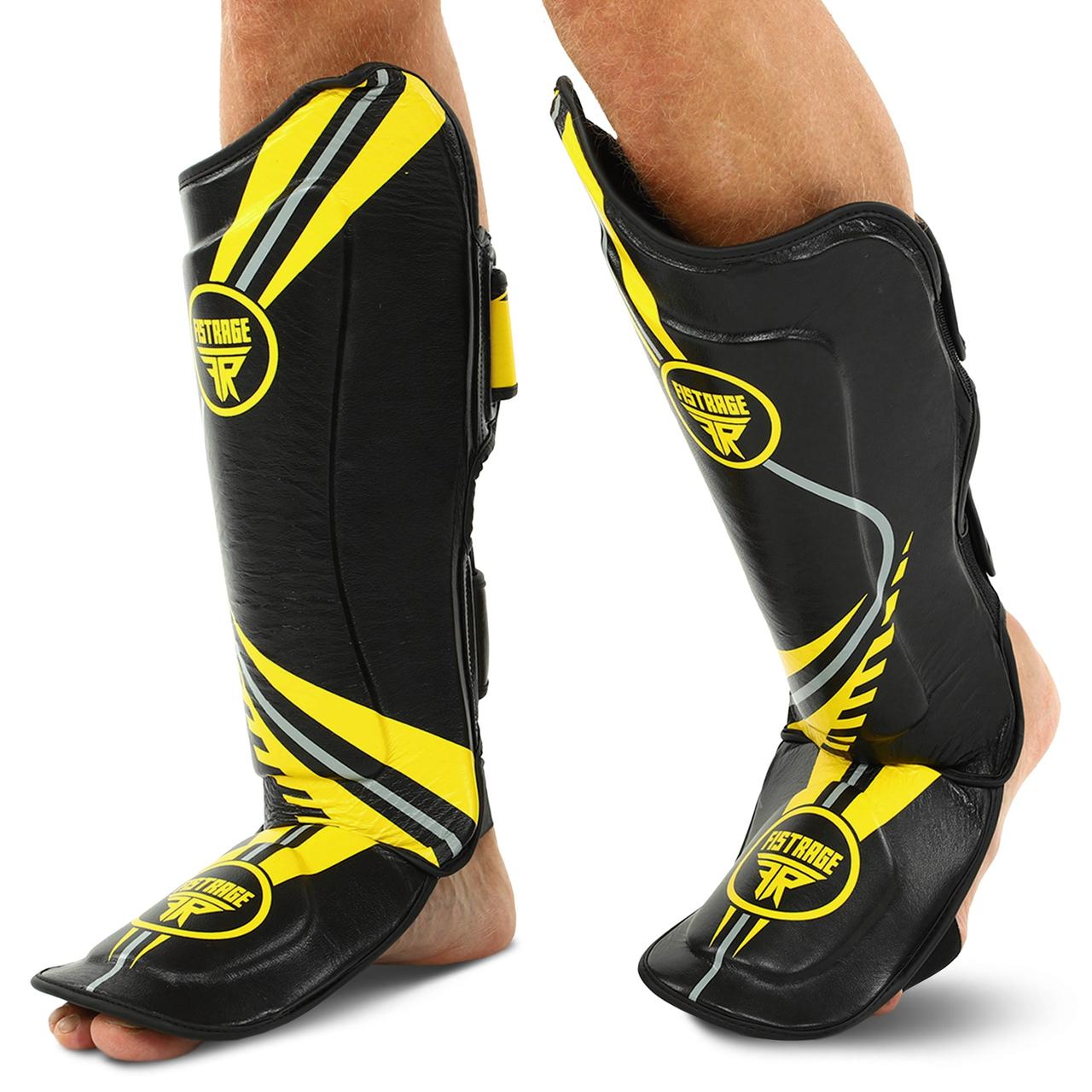 Захист гомілки та стопи шкіряний для єдиноборств Fistrage Fight Gear 9356 розмір L Black-Yellow, фото 1