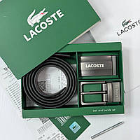 Кожаный мужской ремень двусторонний с двумя пряжками Lacoste качественный пояс в фирменной упаковке на подарок