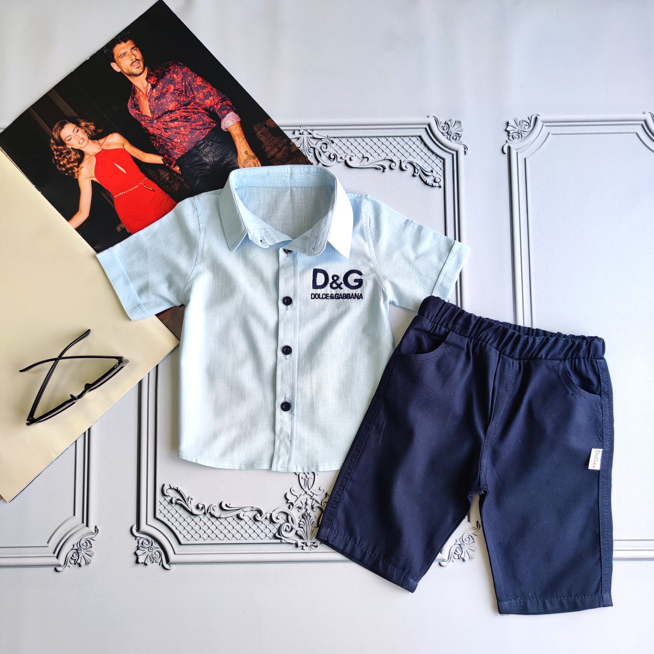 Дитячий літній костюм сорочка з коротким рукавом (шведка) з шортами для хлопчика Дольче габбана, фото 1