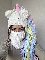 Балаклава плюшева єдиноріг біла молочна кольорова з рогом