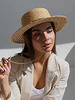 Солом'яний капелюх канотьє з широкими полями D.Hats бежевий з ланцюгом