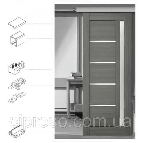 Розсувна система VILLES 2244 для однієї двері вагою до 40 кг + Направляюча не анодована 200 см, фото 1