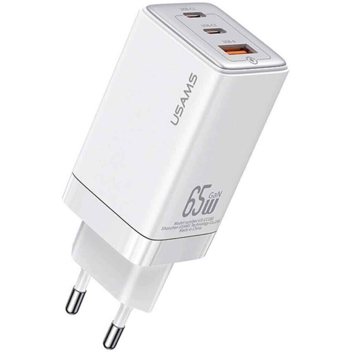 Мережевий зарядний пристрій Usams US-CC180 65W ACC 3 Ports GaN Fast Charger (EU) -- Sandru series White, фото 1