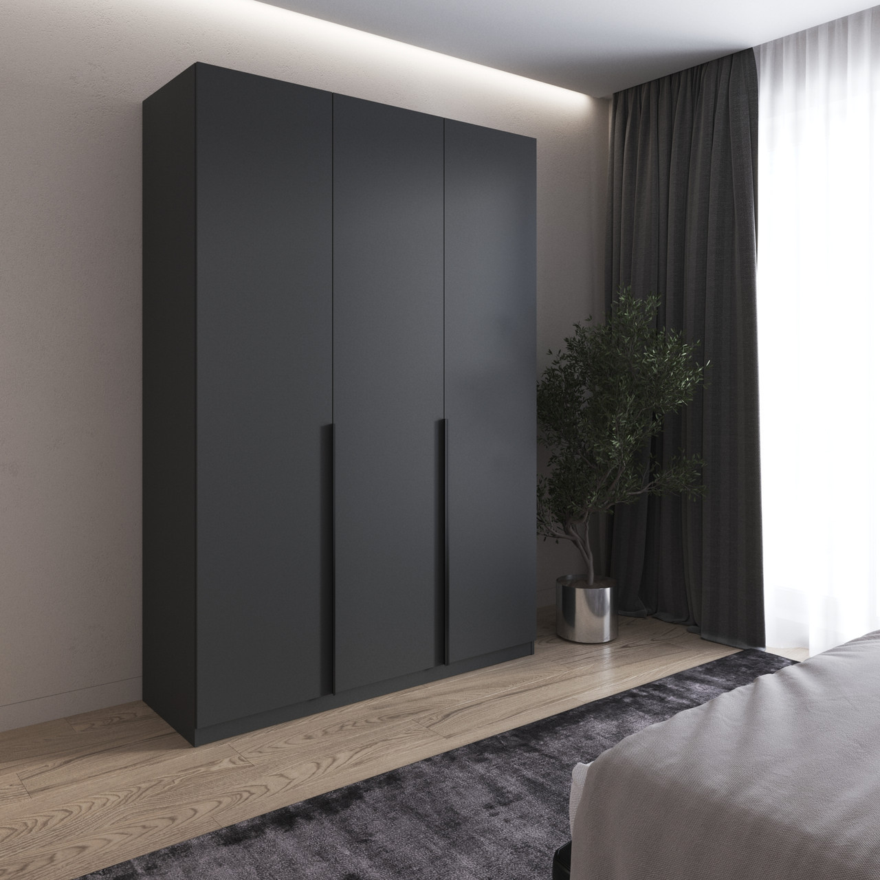 Шафа розпашна 3-х дверна сіра з чорними довгими ручками h219*150*50 см
