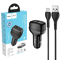 АЗП Hoco Z36 (2USB/2,4A) + Type-C чорний, зарядка для смартфона в авто, автомобільний зарядний