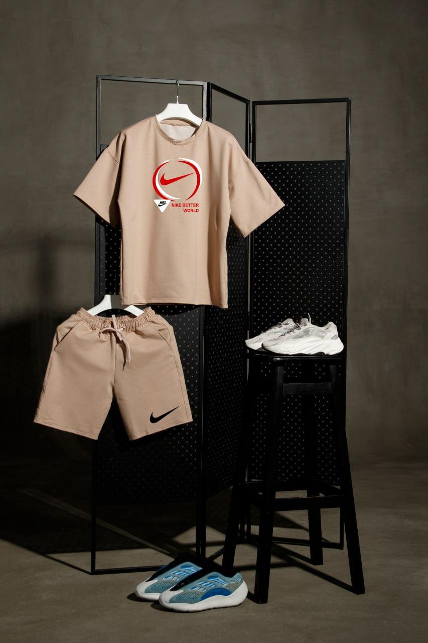 Трикотажний костюм чоловічий оверсайз Nike шорти та футболка літній комплект найк бежевий