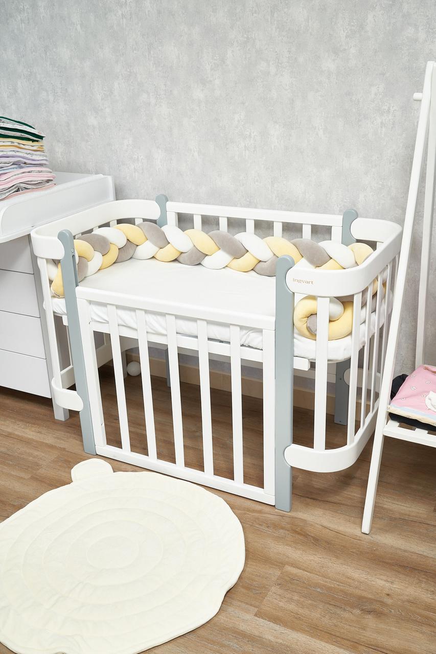 Бампер — косичка Twins 3-х пасова 240 см, yellow/grey/ecru, жовтий/сірий/молочний