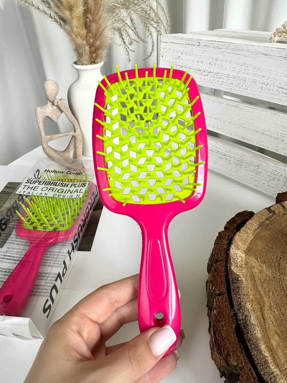 Гребінець для волосся "Super Brush" малиновий з салатовим в коробці, фото 1