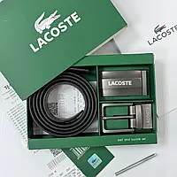 Мужской ремень из натуральной кожи брендовый Lacoste кожаный ремень на подарок мужчине подарочный набор