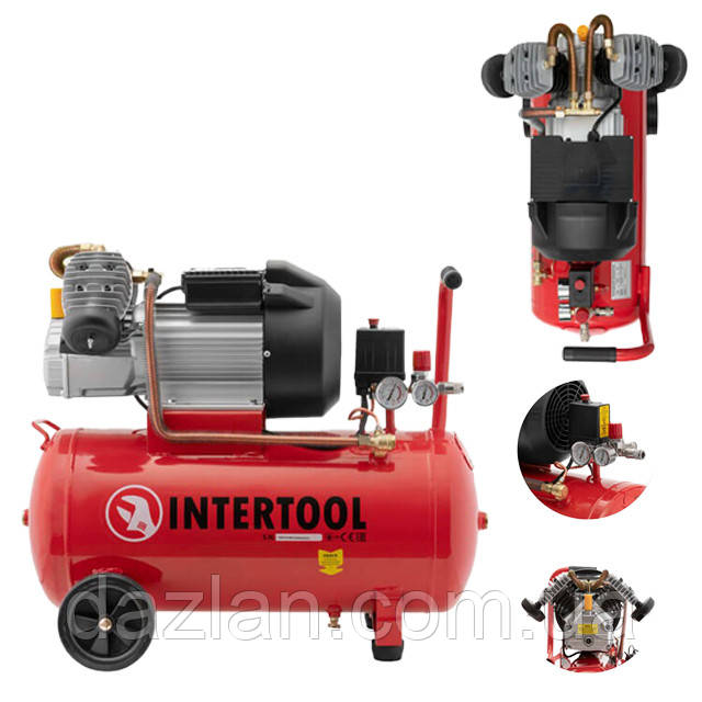 Компресор 50 л, 3 кВт, 220 В, 8 атм, 420 л/хв., 2 циліндра. INTERTOOL PT-0007