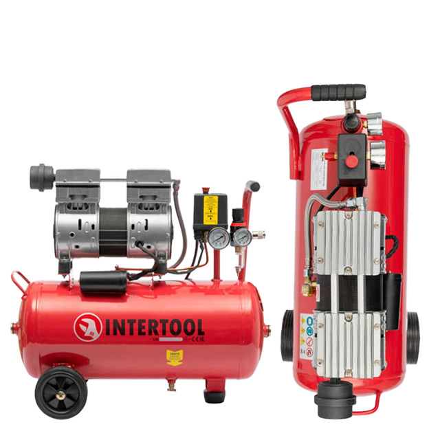 Компресор 24 л, 0.75 кВт, 220 В, 8 aтм, 145 л/хв., малошумний, безмасляний, 2 циліндри INTERTOOL PT-0022, фото 1