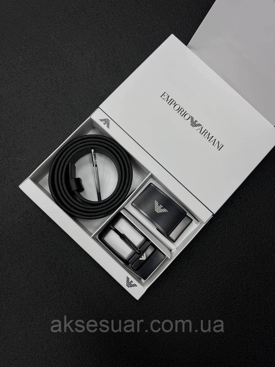 Чоловічий подарунковий набір, ремінь натуральна шкіра з двома пряжками, фірмовий пакет, фото 1