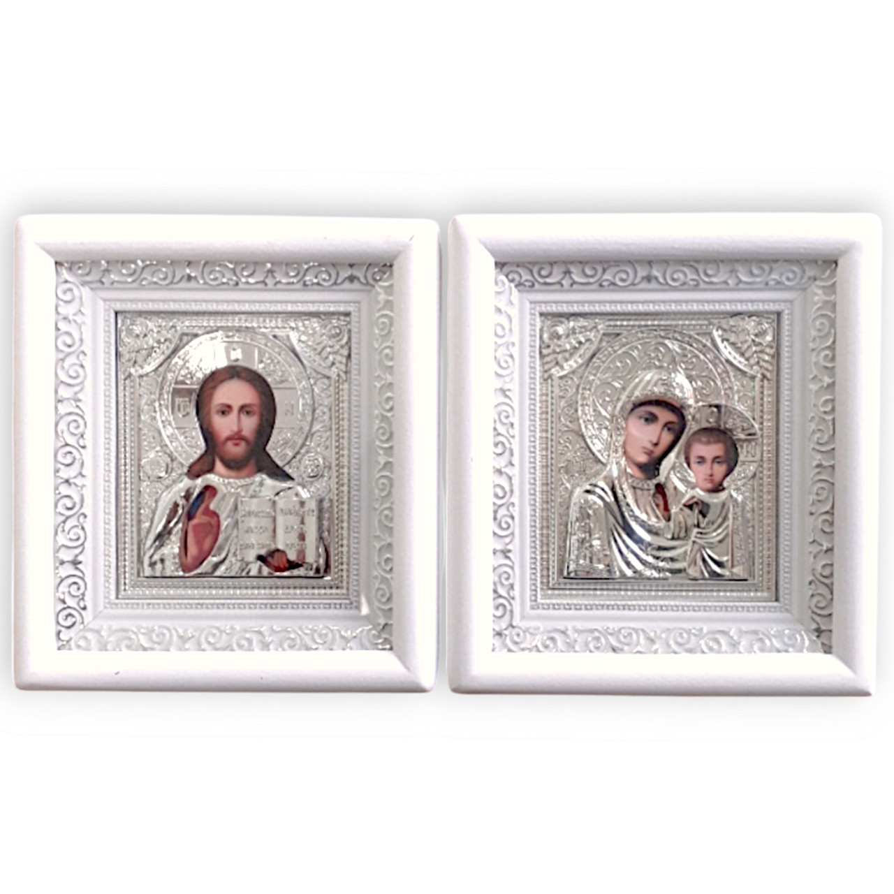 Ікони вінчальні 15,5х17,5 см у білих кіотах у сріблястій ризі, фото 1