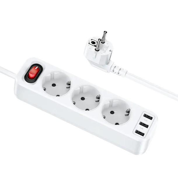 Мережевий подовжувач Hoco NS2 на 3 USB 1.8м 2.4А білий, фото 1