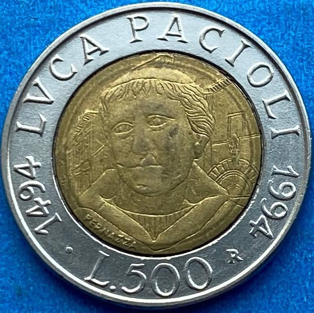 Монета Італії 500 лір 1993 р. 500 років з дня народженняЛуки Пачолі